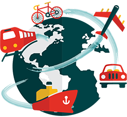Diagram: air, road and sea freight converging on a multimodal logistics hub